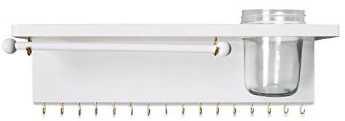 SANY DAYO HOME Hanging Jewelry Organizer Wall Mounted Rustic Pine Wood Jewelry Holders with 16 Necklace Holders, Shelf, Bracelet Rod, Glass Jar for Girl and Women (16 x 5 x 4 in, White)