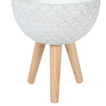 LuxenHöme Scallop Embossed White 12.2-Inch Round MgO Planter with Wood Legs