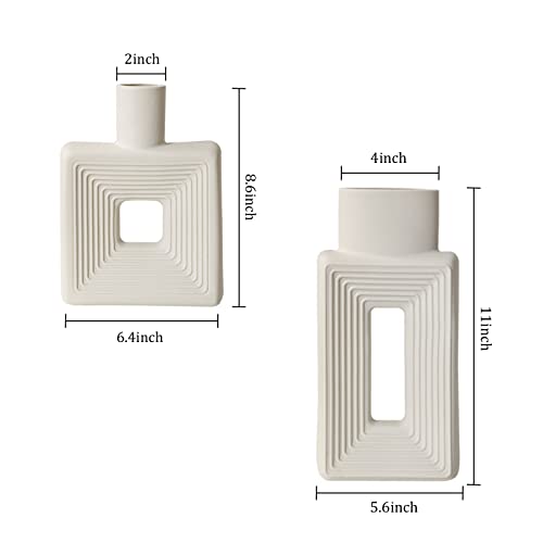 White Ceramic Vase Set of 2,Square Vase Rustic Home Decor Minimalist Nordic Boho Style for Living Room, Shelf, Table, Bookshelf, Mantel and Entryway Decor Vases