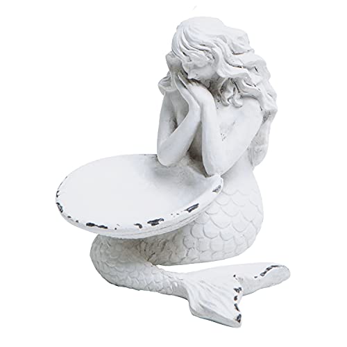 SOFFEE DESIGN Rustic White Jewelry Tray Mermaid Shell Dish, Vintage Small Figurine Ring Holder, Collectible Personal Ornament Plate for Necklaces, Earrings, Trinket - Mermaid Shape Organizer