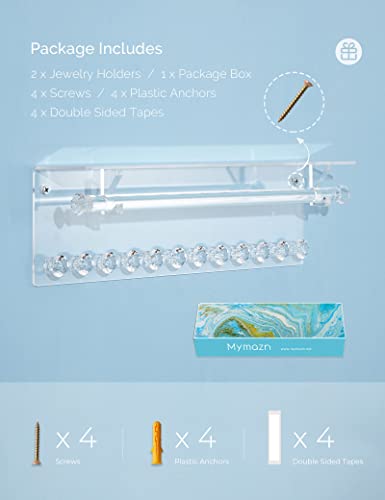 Mymazn 2 Pack Acrylic Necklace Holder with Shelf, 12 Diamond Shape Hooks and Removable Bracelet Rod, Wall Mounted Jewelry Organizer Hanging Jewelry Rack Clear Jewelry Hangers for Necklace, Bracelet