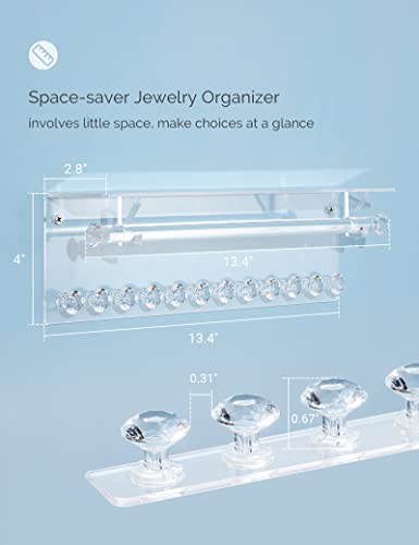 Mymazn 2 Pack Acrylic Necklace Holder with Shelf, 12 Diamond Shape Hooks and Removable Bracelet Rod, Wall Mounted Jewelry Organizer Hanging Jewelry Rack Clear Jewelry Hangers for Necklace, Bracelet