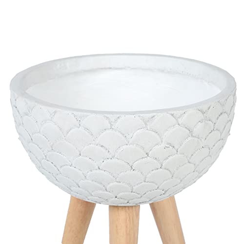 LuxenHöme Scallop Embossed White 12.2-Inch Round MgO Planter with Wood Legs