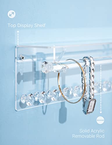 Mymazn 2 Pack Acrylic Necklace Holder with Shelf, 12 Diamond Shape Hooks and Removable Bracelet Rod, Wall Mounted Jewelry Organizer Hanging Jewelry Rack Clear Jewelry Hangers for Necklace, Bracelet