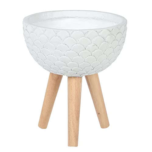 LuxenHöme Scallop Embossed White 12.2-Inch Round MgO Planter with Wood Legs