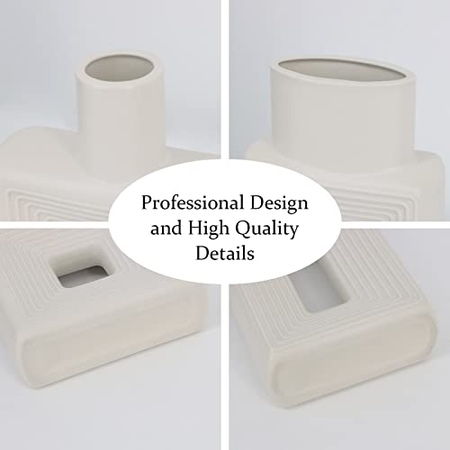 White Ceramic Vase Set of 2,Square Vase Rustic Home Decor Minimalist Nordic Boho Style for Living Room, Shelf, Table, Bookshelf, Mantel and Entryway Decor Vases