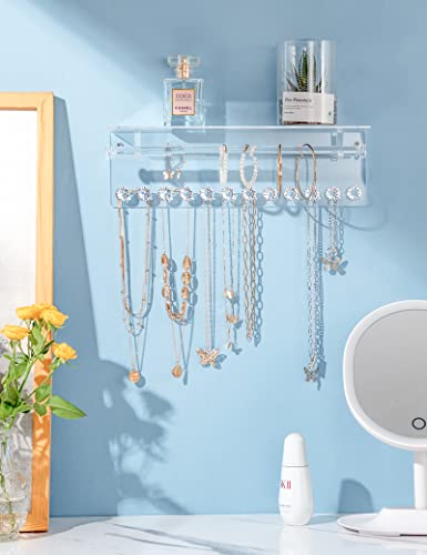 Mymazn 2 Pack Acrylic Necklace Holder with Shelf, 12 Diamond Shape Hooks and Removable Bracelet Rod, Wall Mounted Jewelry Organizer Hanging Jewelry Rack Clear Jewelry Hangers for Necklace, Bracelet