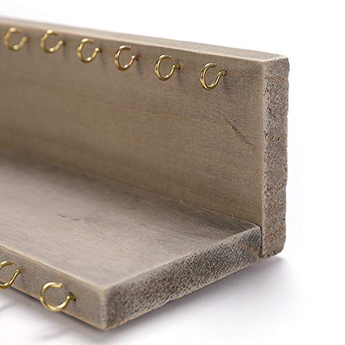 Wall Mounted Jewelry Organizer with 24 Hooks - Rustic Wood Shelf Jewelry Display