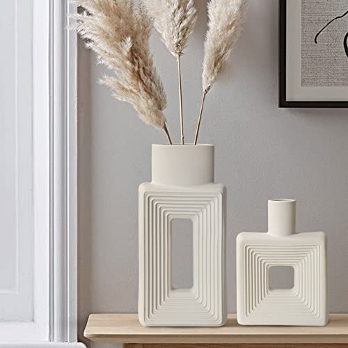 White Ceramic Vase Set of 2,Square Vase Rustic Home Decor Minimalist Nordic Boho Style for Living Room, Shelf, Table, Bookshelf, Mantel and Entryway Decor Vases