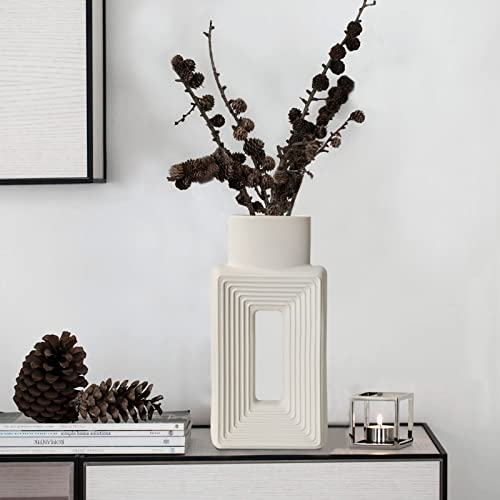 White Ceramic Vase Set of 2,Square Vase Rustic Home Decor Minimalist Nordic Boho Style for Living Room, Shelf, Table, Bookshelf, Mantel and Entryway Decor Vases