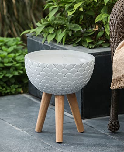 LuxenHöme Scallop Embossed White 12.2-Inch Round MgO Planter with Wood Legs