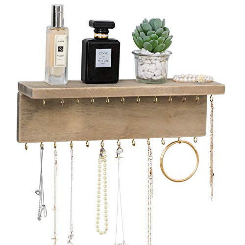 Wall Mounted Jewelry Organizer with 24 Hooks - Rustic Wood Shelf Jewelry Display