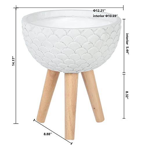 LuxenHöme Scallop Embossed White 12.2-Inch Round MgO Planter with Wood Legs