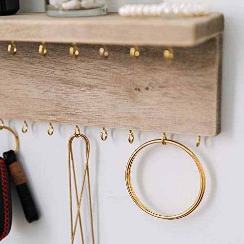 Wall Mounted Jewelry Organizer with 24 Hooks - Rustic Wood Shelf Jewelry Display
