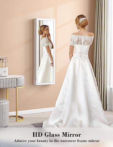 Nicetree 6 LEDs Mirror Jewelry Cabinet, Large Capacity Lockable Jewelry Armoire Organizer, Door or Wall Mounted Mirror with Jewelry Storage, White