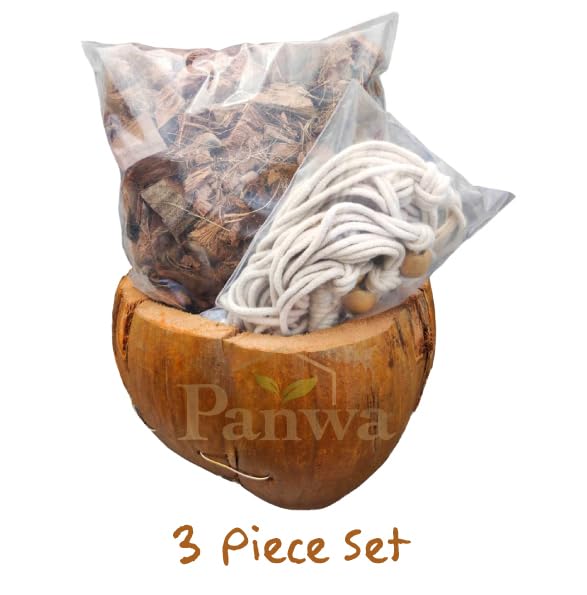 PANWA Large “Castaway Coconut Hanging Planter” with Natural Husk and Traditional Thailand Tiki Style Cotton Woven Macrame Kit, Nautical Beach Decor, Costal Ocean Island Original