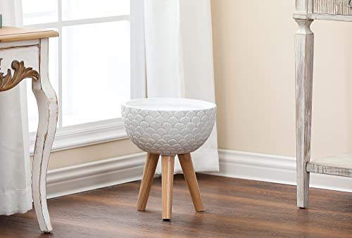 LuxenHöme Scallop Embossed White 12.2-Inch Round MgO Planter with Wood Legs