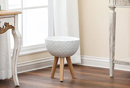 LuxenHöme Scallop Embossed White 12.2-Inch Round MgO Planter with Wood Legs