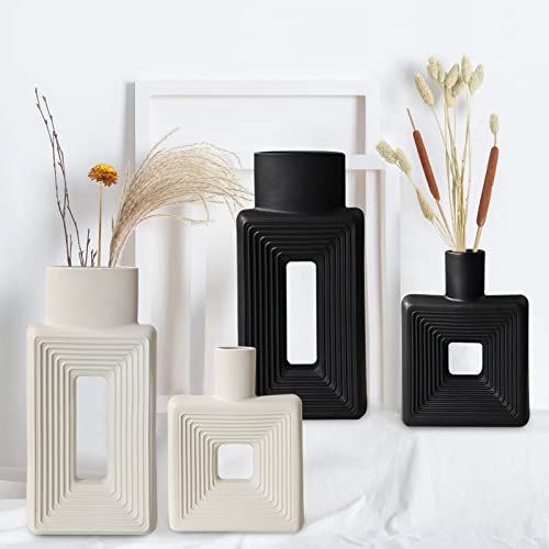 White Ceramic Vase Set of 2,Square Vase Rustic Home Decor Minimalist Nordic Boho Style for Living Room, Shelf, Table, Bookshelf, Mantel and Entryway Decor Vases