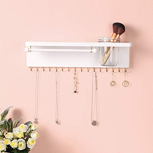 SANY DAYO HOME Hanging Jewelry Organizer Wall Mounted Rustic Pine Wood Jewelry Holders with 16 Necklace Holders, Shelf, Bracelet Rod, Glass Jar for Girl and Women (16 x 5 x 4 in, White)