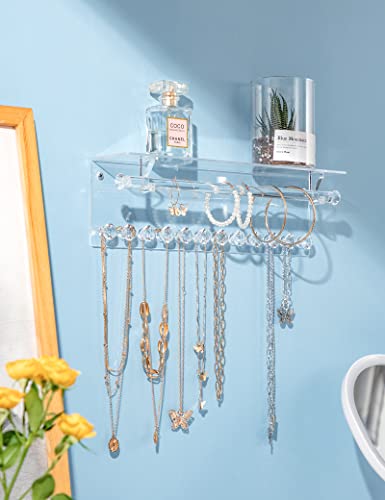 Mymazn 2 Pack Acrylic Necklace Holder with Shelf, 12 Diamond Shape Hooks and Removable Bracelet Rod, Wall Mounted Jewelry Organizer Hanging Jewelry Rack Clear Jewelry Hangers for Necklace, Bracelet