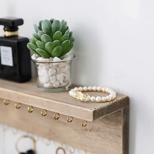 Wall Mounted Jewelry Organizer with 24 Hooks - Rustic Wood Shelf Jewelry Display