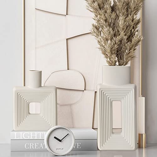 White Ceramic Vase Set of 2,Square Vase Rustic Home Decor Minimalist Nordic Boho Style for Living Room, Shelf, Table, Bookshelf, Mantel and Entryway Decor Vases