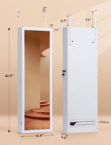 Nicetree 6 LEDs Mirror Jewelry Cabinet, Large Capacity Lockable Jewelry Armoire Organizer, Door or Wall Mounted Mirror with Jewelry Storage, White