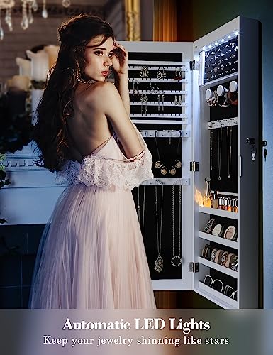 Nicetree 6 LEDs Mirror Jewelry Cabinet, Large Capacity Lockable Jewelry Armoire Organizer, Door or Wall Mounted Mirror with Jewelry Storage, White