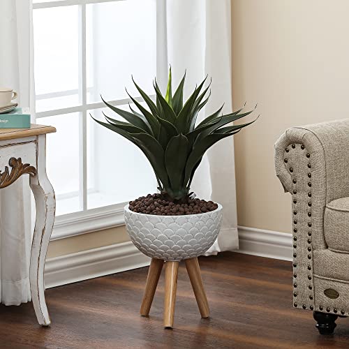 LuxenHöme Scallop Embossed White 12.2-Inch Round MgO Planter with Wood Legs