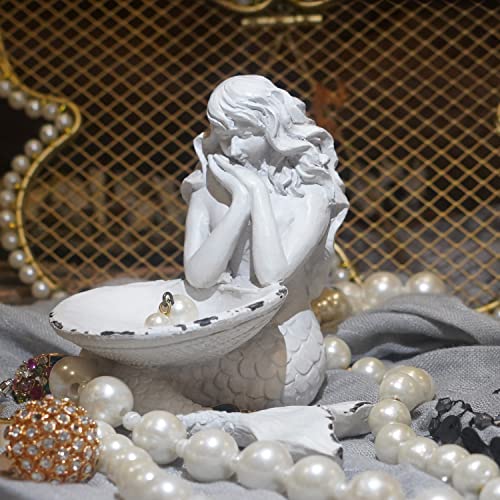 SOFFEE DESIGN Rustic White Jewelry Tray Mermaid Shell Dish, Vintage Small Figurine Ring Holder, Collectible Personal Ornament Plate for Necklaces, Earrings, Trinket - Mermaid Shape Organizer