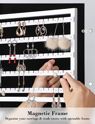 Nicetree 6 LEDs Mirror Jewelry Cabinet, Large Capacity Lockable Jewelry Armoire Organizer, Door or Wall Mounted Mirror with Jewelry Storage, White