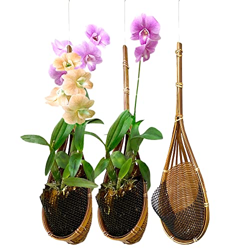 PANWA Handmade 100% Thai Bamboo Woven 4 Inch Hanging Orchid Basket - Set of 3 Multi-Purpose Bird Nest Style Plant Hangers for Gazebo - Indoor/Outdoor Flower Planter (Natural Brown)