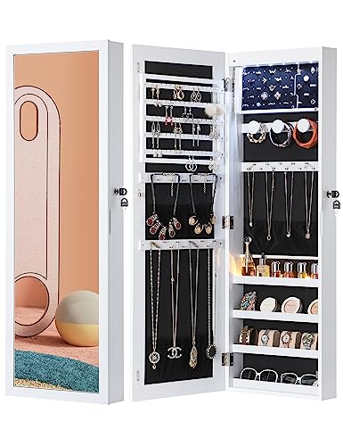 Nicetree 6 LEDs Mirror Jewelry Cabinet, Large Capacity Lockable Jewelry Armoire Organizer, Door or Wall Mounted Mirror with Jewelry Storage, White