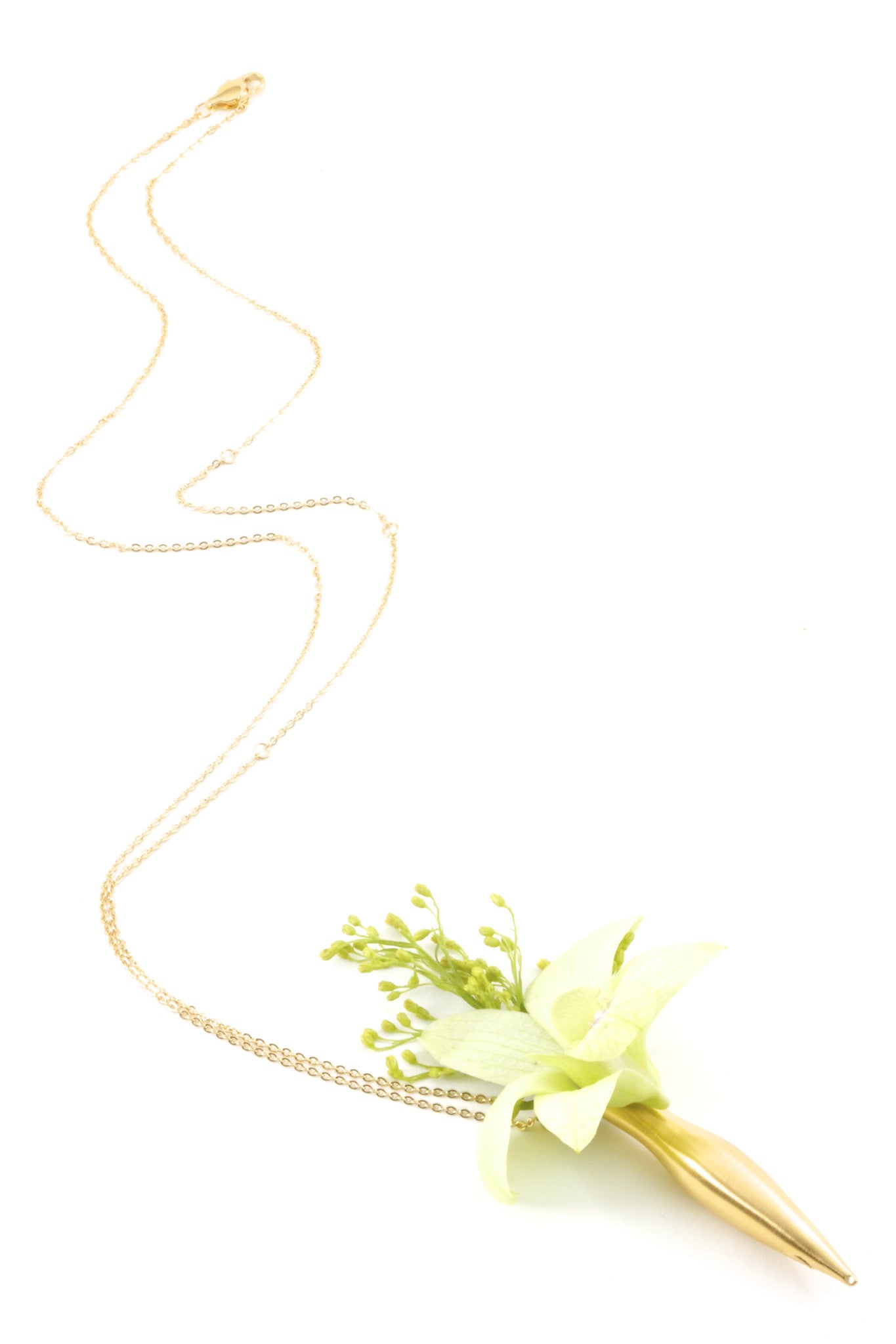 Fleurings Medium Vase Necklace Brushed 14KT Gold Bridal Necklace for Bridesmaids holds water and keeps flowers fresh!