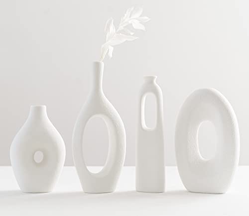 White Ceramic Vase Set-4 Nordic Oval Donut Vases for Decor, Boho Circle Hollow Round Vase for Pampas Grass, Minimalist Modern Home Decor, Centerpieces, Mantel, Shelf, Entryway, Bookshelf, Table Decor