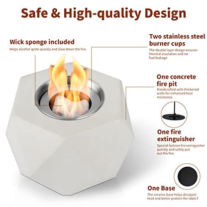 Table Top Fire Pit Bowl - Concrete Tabletop Fireplace Indoor Outdoor Decor Portable Rubbing Alcohol Burner Smores Maker for Patio Balcony with Extinguisher