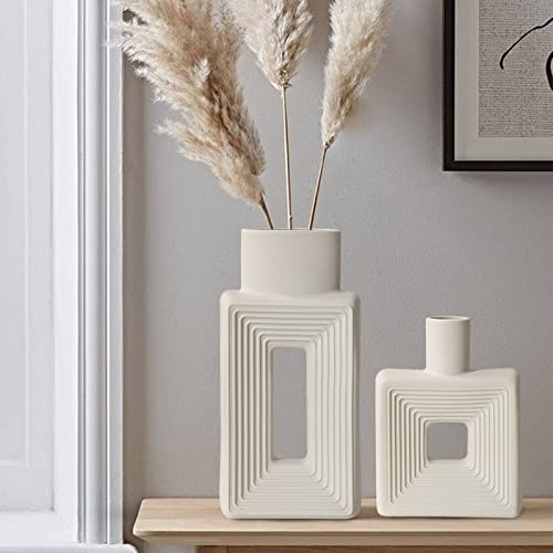 White Ceramic Vase Set of 2，Square Vase Rustic Home Decor Minimalist Nordic Boho Style for Living Room, Shelf, Table, Bookshelf, Mantel and Entryway Decor Vases