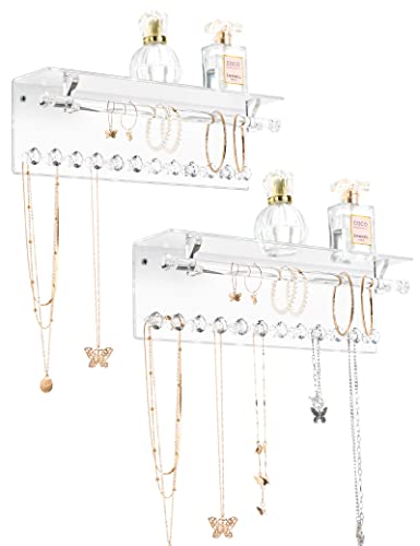 Mymazn 2 Pack Acrylic Necklace Holder with Shelf, 12 Diamond Shape Hooks and Removable Bracelet Rod, Wall Mounted Jewelry Organizer Hanging Jewelry Rack Clear Jewelry Hangers for Necklace, Bracelet