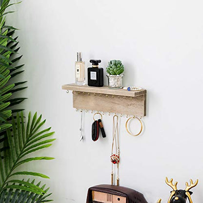 Wall Mounted Jewelry Organizer with 24 Hooks - Rustic Wood Shelf Jewelry Display
