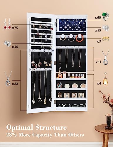 Nicetree 6 LEDs Mirror Jewelry Cabinet, Large Capacity Lockable Jewelry Armoire Organizer, Door or Wall Mounted Mirror with Jewelry Storage, White